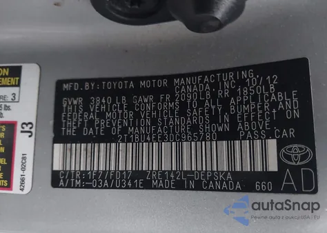 2013 Toyota Corolla S from USA, damaged, VIN 2T1BU4EE3DC965780